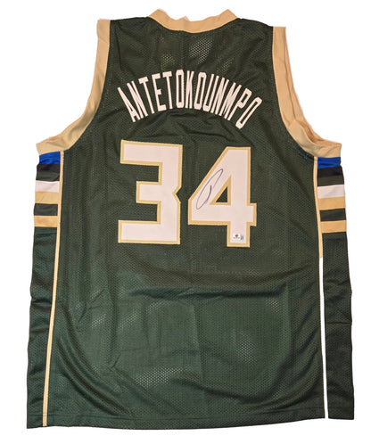 Back view of Giannis Antetokounmpo Milwaukee Bucks autographed green basketball jersey