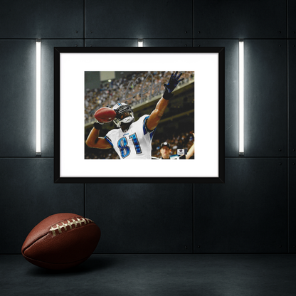 Calvin Johnson Detroit Lions autographed 8x10 photograph displayed in frame, Global Authentics COA