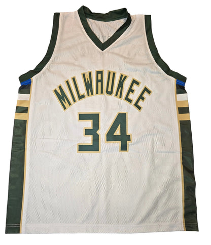 Front view of Giannis Antetokounmpo Milwaukee Bucks autographed basketball jersey with COA