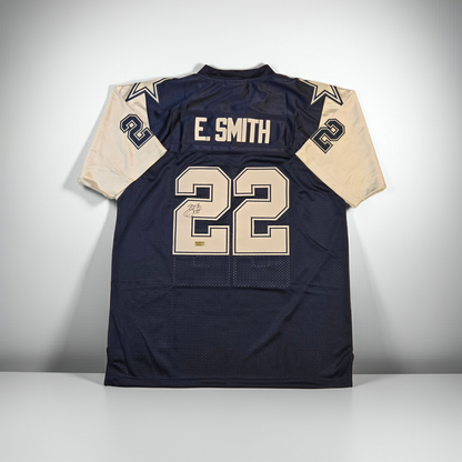 Emmitt Smith Dallas Cowboys autographed football jersey, AEU authentication 121695