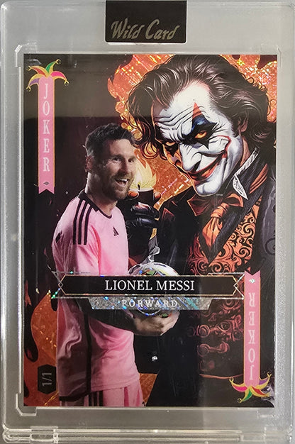 Front of 2024 Wild Card Lionel Messi Joker one-of-one 1/1 masterpiece trading card