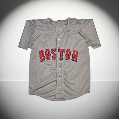 Front view of Dustin Pedroia Boston Red Sox autographed baseball jersey, Global Authentics GV981835