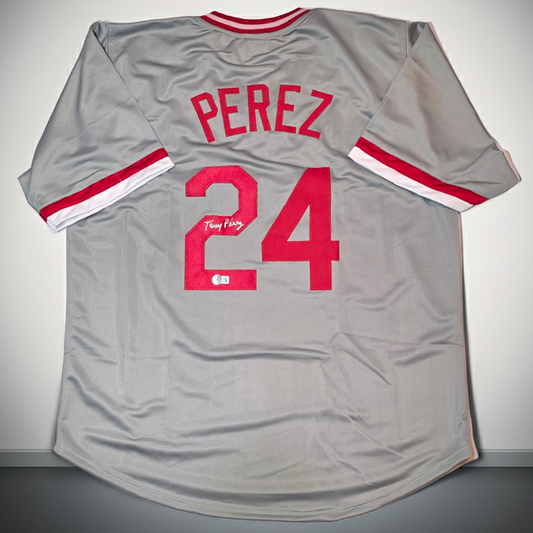 Autographed Tony Perez Cincinnati Grey Baseball Jersey Beckett COA