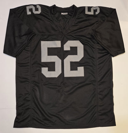 Front of Denzel Perryman black Las Vegas Raiders-style football jersey with silver-gray number 52, size XL