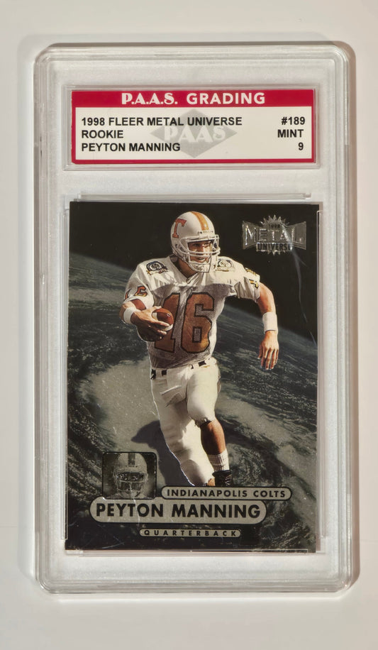 Peyton Manning Tennessee 1998 Fleer Metal Universe ROOKIE #189 graded PAAS Mint 9