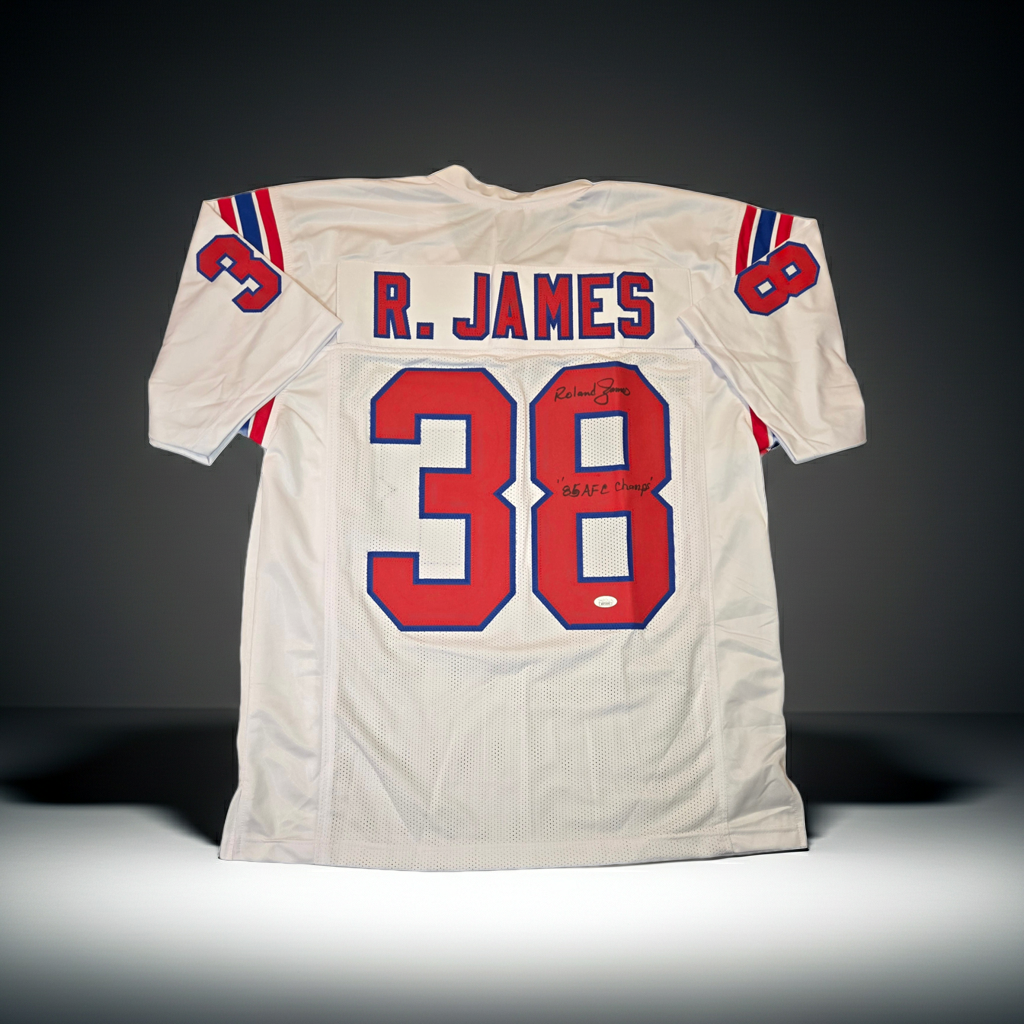 Roland James New England Patriot Signed White Football Jersey coa (XL)