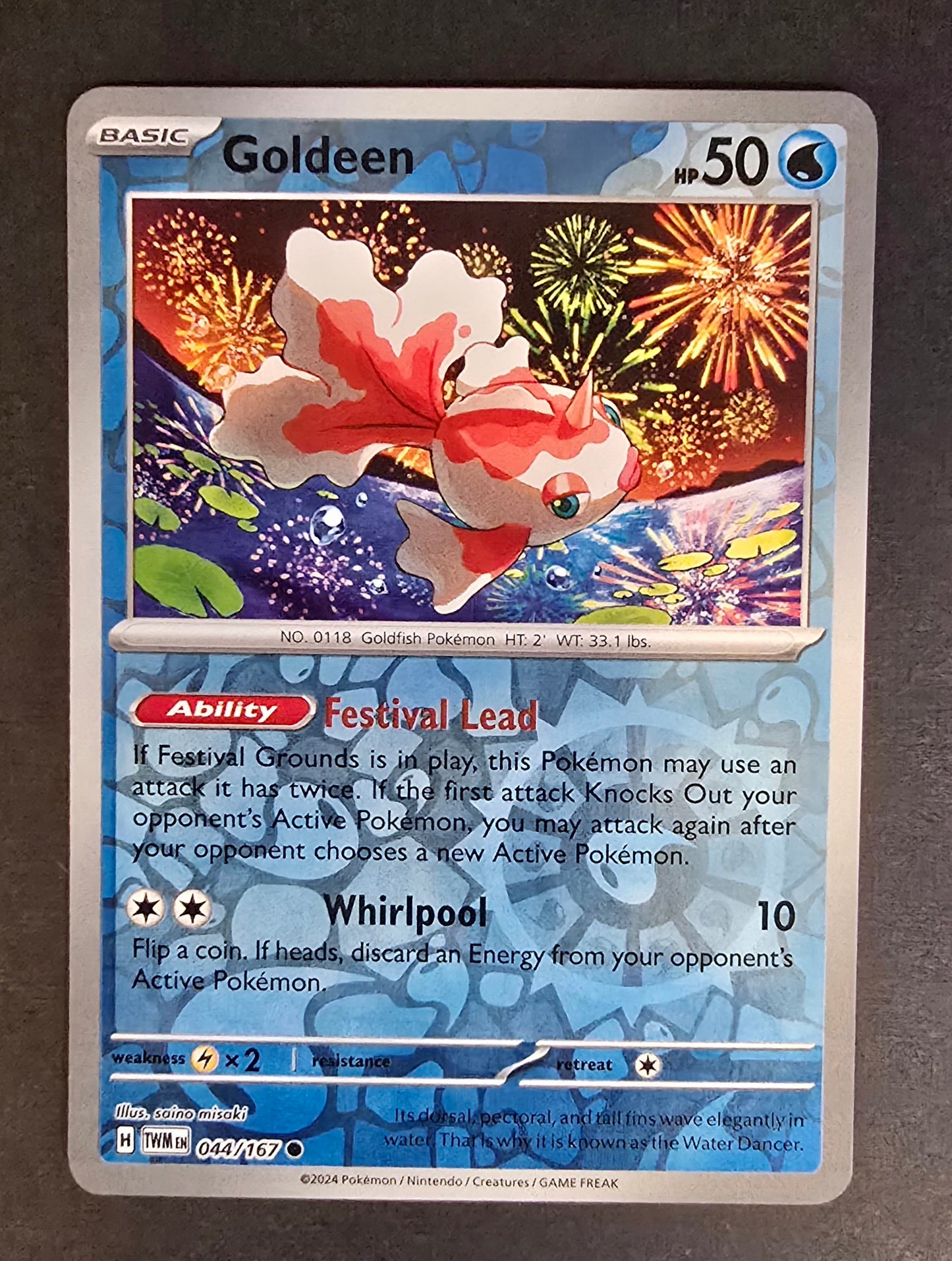 Goldeen Pokémon trading card from the Twilight Masquerade set.