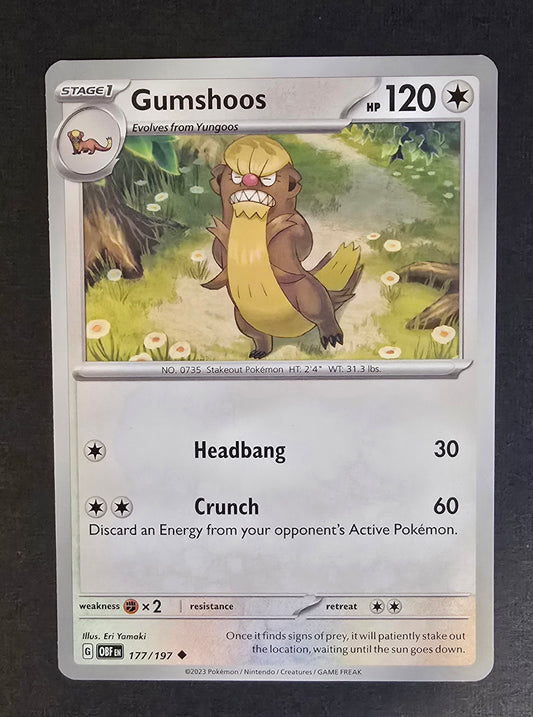 Gumshoos Pokémon card from the Scarlet & Violet: Obsidian Flames set, 177/197