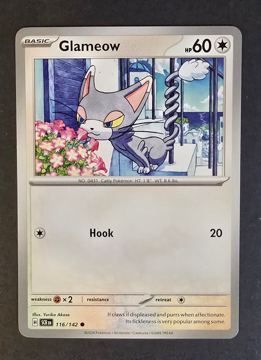Glameow Pokémon card (number 116/142) from the Stellar Crown set.