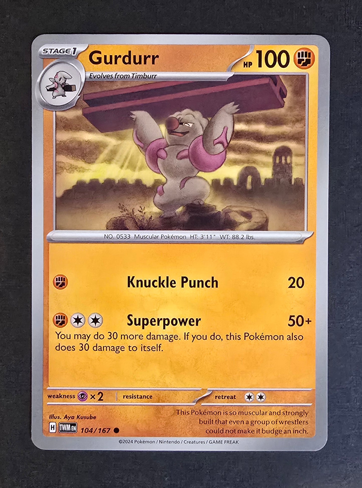 Gurdurr trading card from the Pokémon TCG: Scarlet & Violet:Twilight Masquerade