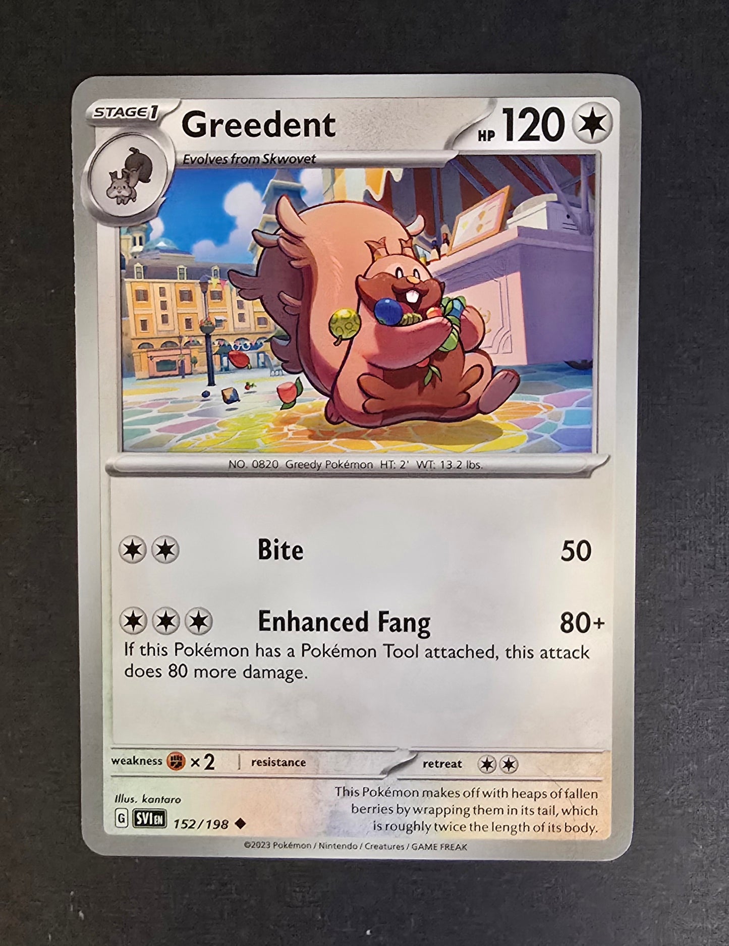 Greedent collectible trading card from the Pokémon Scarlet & Violet Base Set.