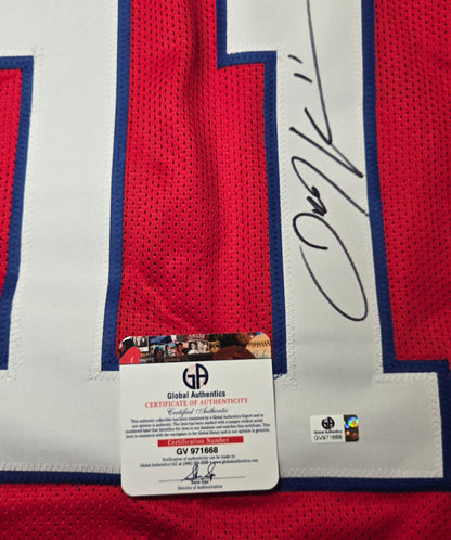 Julian Edelman New England Patriots signed red football jersey with COA, additional photograph