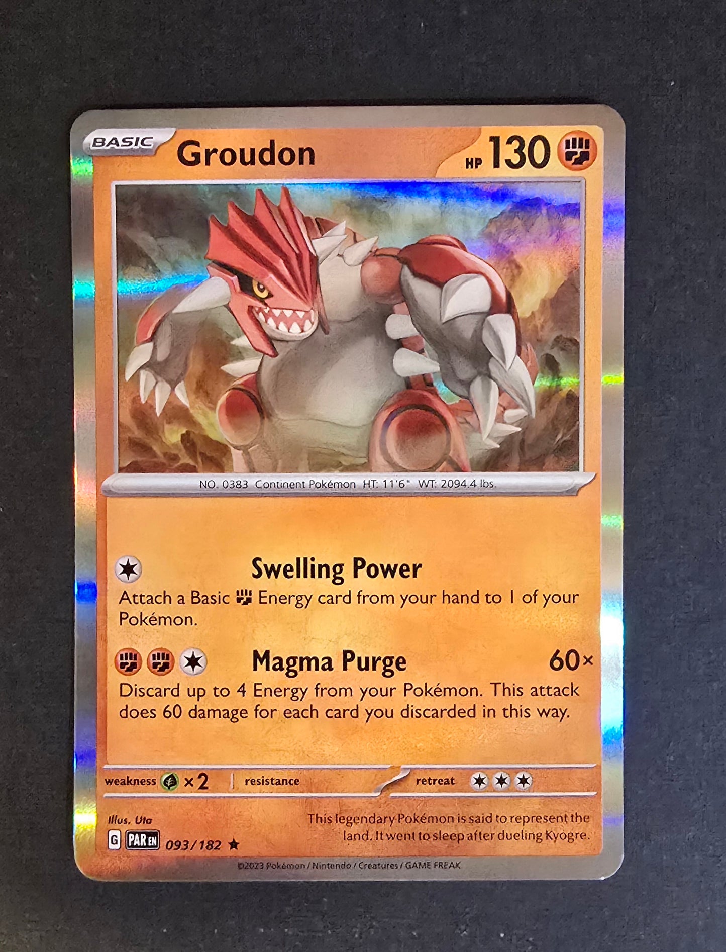 Groudon Rare Holofoil card (093/182) from the Pokémon Scarlet & Violet Paradox Rift