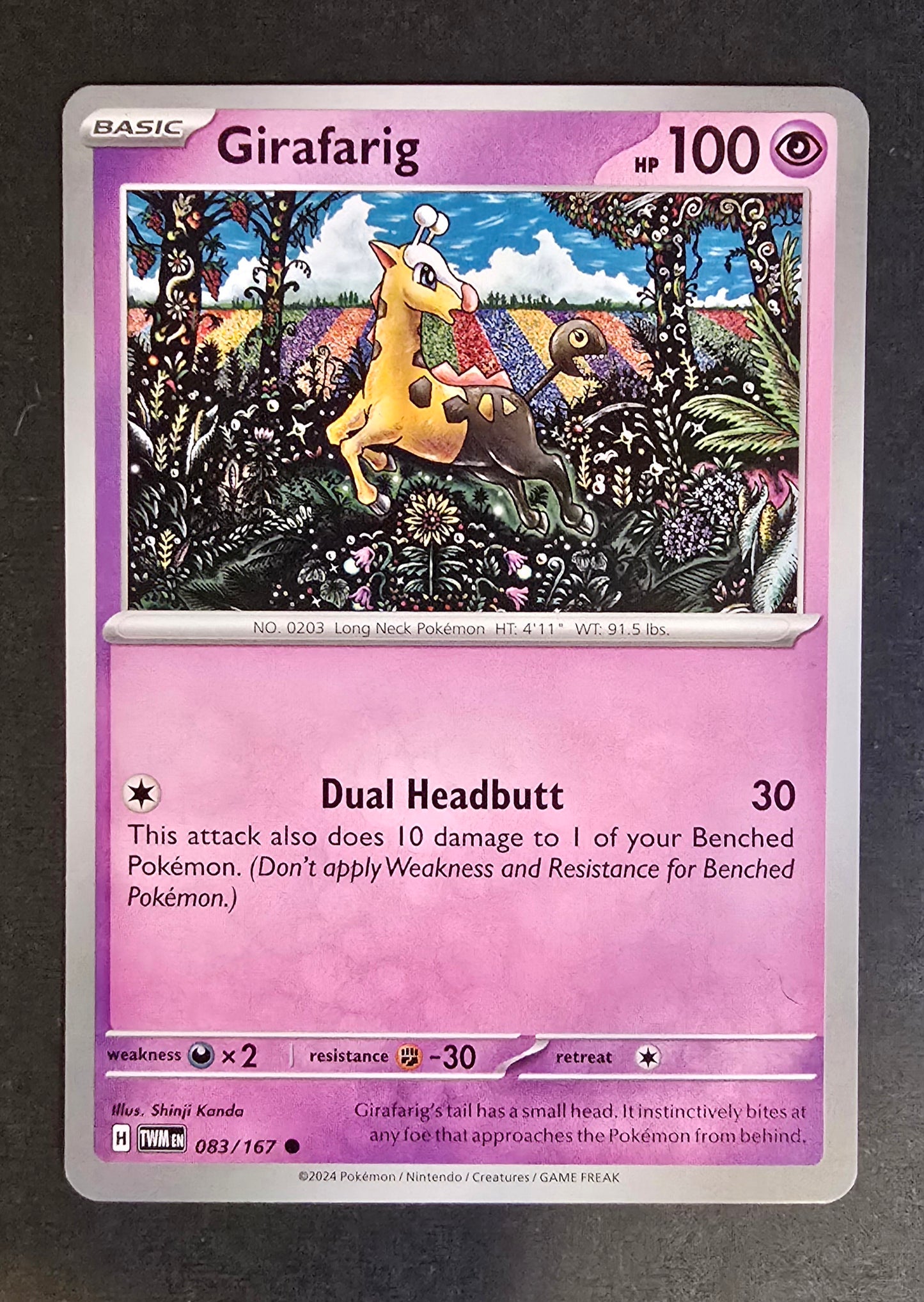 Girafarig card from the Twilight Masquerade expansion of the Pokémon Trading Card Game