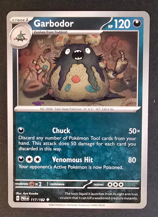 Garbodor Pokémon card from the Paradox Rift expansion (117/182).