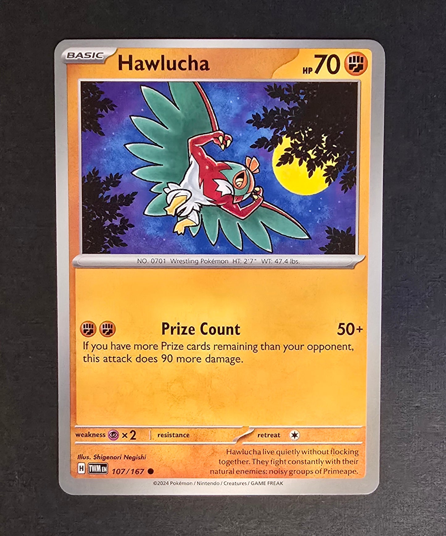 Hawlucha Pokémon card from Twilight Masquerade expansion, 107/167.