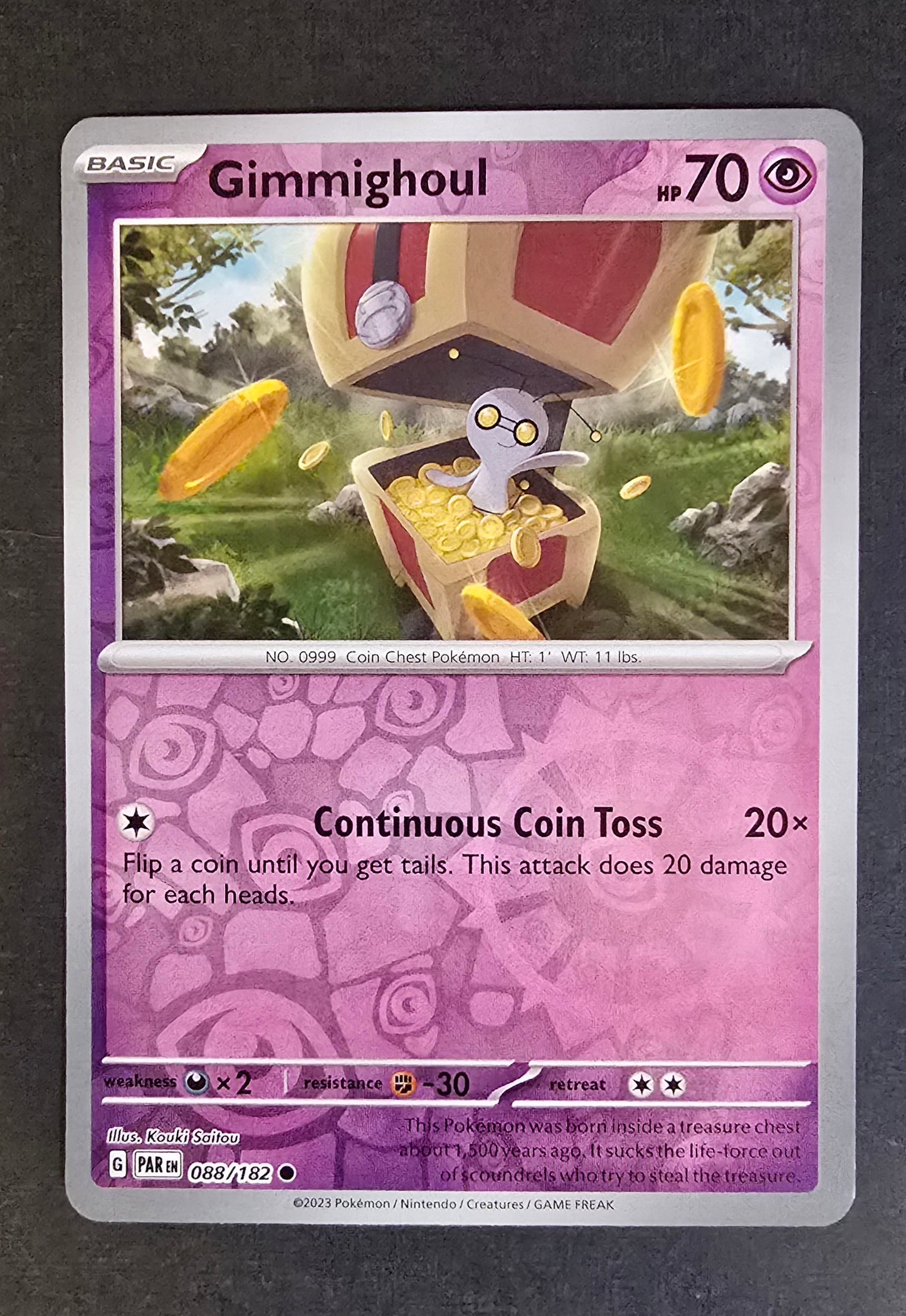 Gimmighoul Pokémon card, 088/182 Reverse Holo version from the Paradox Rift set.