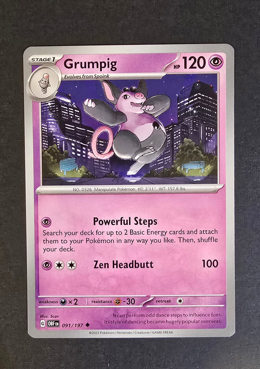 Grumpig Pokémon trading card from the Obsidian Flames