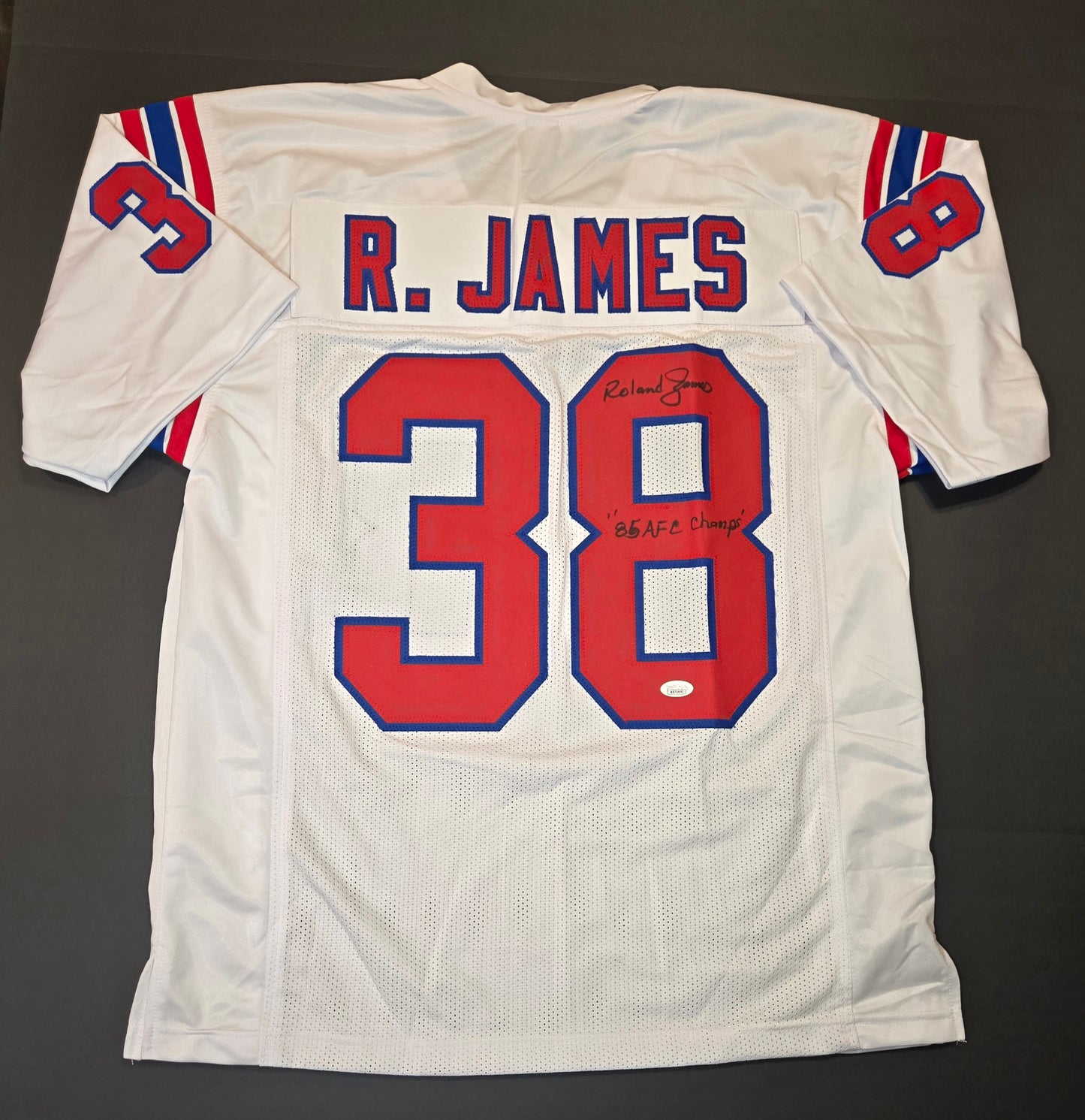 Roland James New England Patriot Signed White Football Jersey coa (XL)